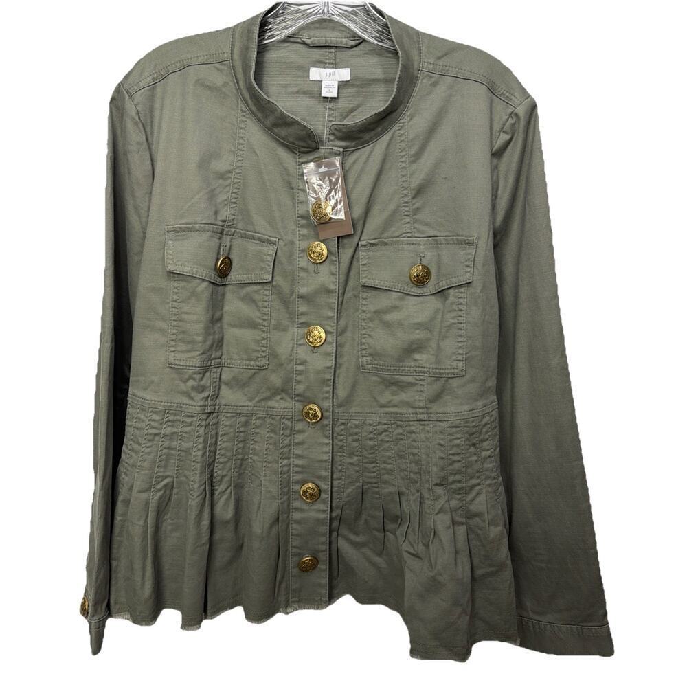 J. Jill Green Peplum Military Jacket Gold Crest Button Cotton Large Petite